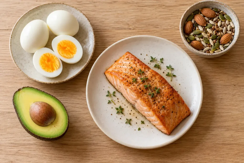 Top-down view of boiled eggs, salmon, halved avocado, almonds and seeds on a light wooden table.