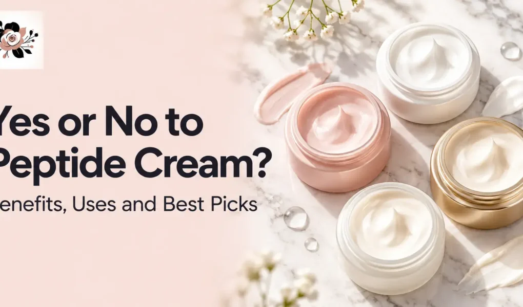 Yes or No to Peptide Cream featuring four skincare cream jars in white, blush pink, and gold, highlighting peptide cream benefits, uses, and best picks.