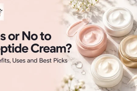 Yes or No to Peptide Cream featuring four skincare cream jars in white, blush pink, and gold, highlighting peptide cream benefits, uses, and best picks.