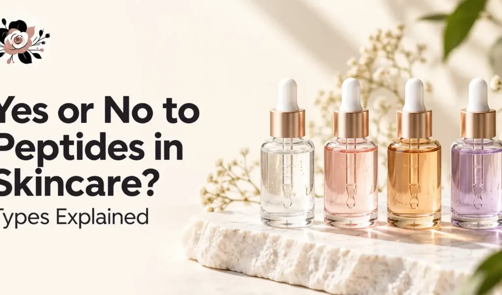 Types of peptides in skincare with four serum dropper bottles in clear, pink, copper, and lavender shades – YesVsNo.net