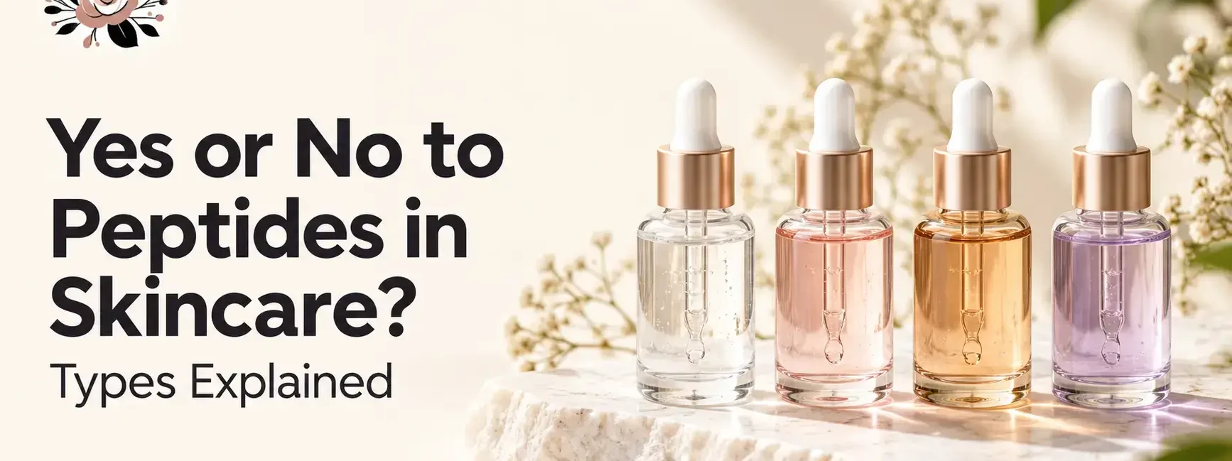 Types of peptides in skincare with four serum dropper bottles in clear, pink, copper, and lavender shades – YesVsNo.net