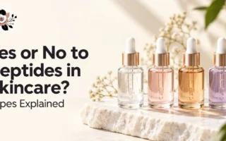 Types of peptides in skincare with four serum dropper bottles in clear, pink, copper, and lavender shades – YesVsNo.net