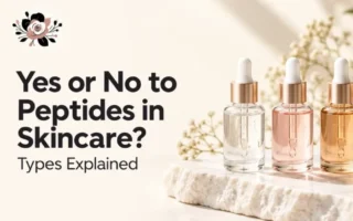Types of peptides in skincare with four serum dropper bottles in clear, pink, copper, and lavender shades – YesVsNo.net
