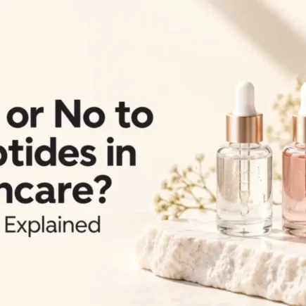 Types of peptides in skincare with four serum dropper bottles in clear, pink, copper, and lavender shades – YesVsNo.net