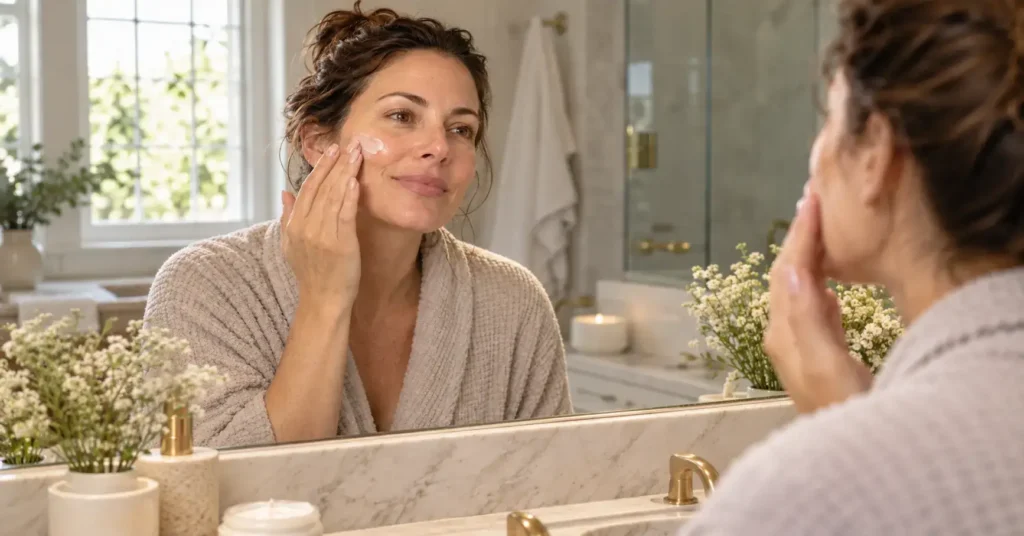 Woman in her early 40s gently applying peptide face cream in front of a bathroom mirror, highlighting skincare benefits and anti-aging hydration in soft morning light.