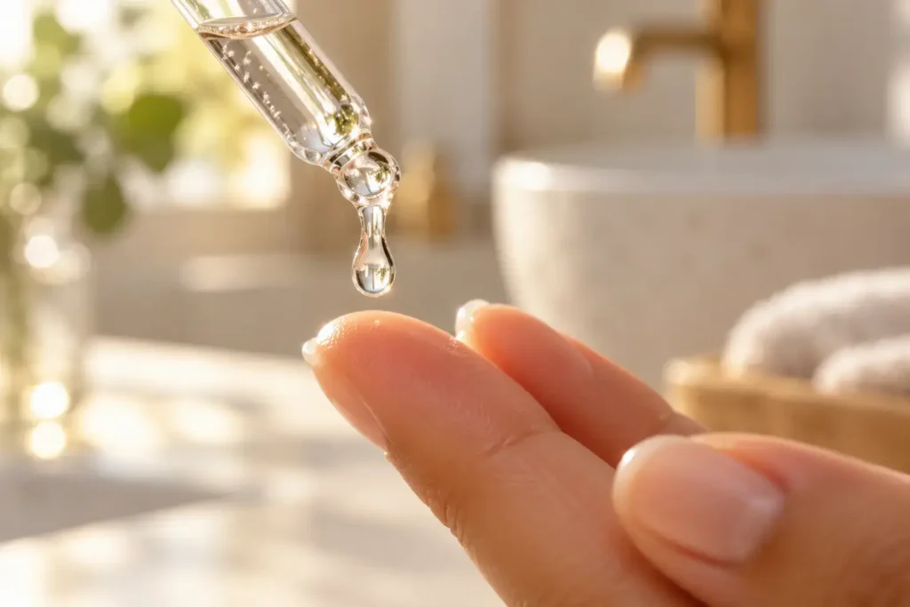 Close-up of a clear peptide serum drop falling from a glass dropper onto fingertips during a skincare routine – YesVsNo.net