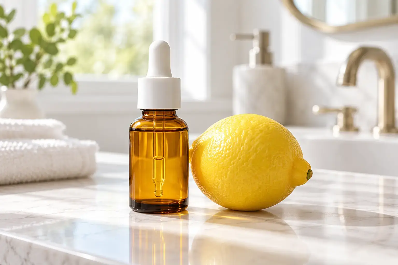 A bottle of vitamin C serum next to a fresh lemon on a bathroom counter, bright and clean, no identifiable branding.